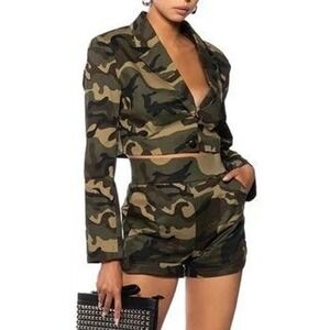 Akira Hansel Camo Fitted Blazer Green Brown Cropped Jacket Stretch Cotton S